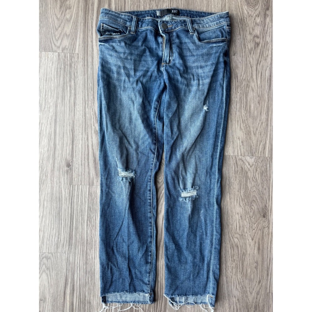 KUT from the Kloth Catherine Boyfriend Jeans Distressed Step Hem Blue Denim 6